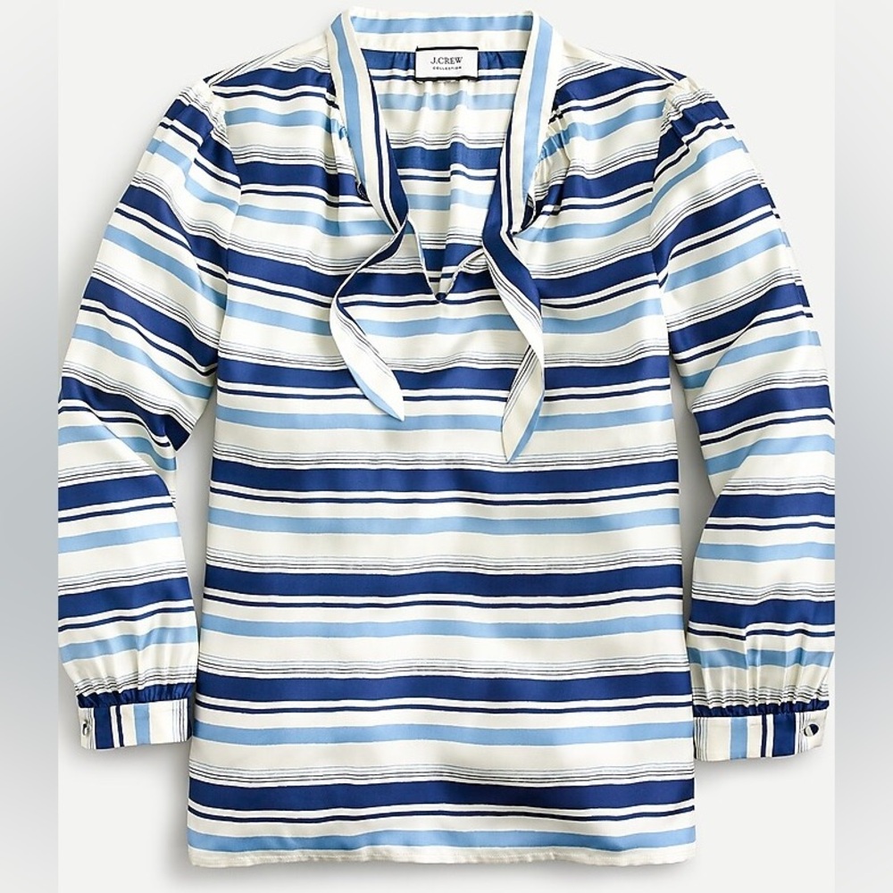 JCrew Collection tie-neck 100% silk twill top in stripe blue